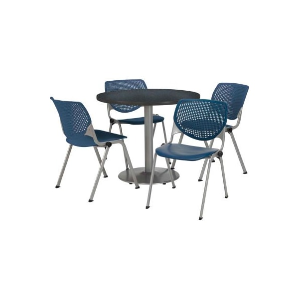 42" Round Dining Table & Chair Set, Graphite Table With Navy Plastic Chairs